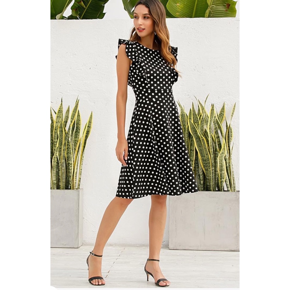 Polka dot ruffle flare swing a line, retro,  cocktail party dress, size Large